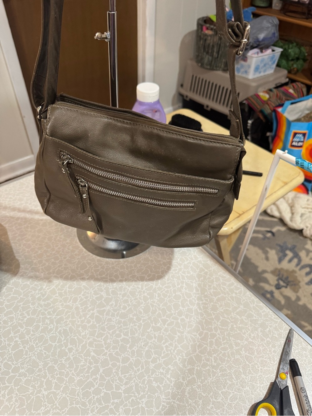 Olive Crossbody Shoulder Bag with Front Zip Pockets